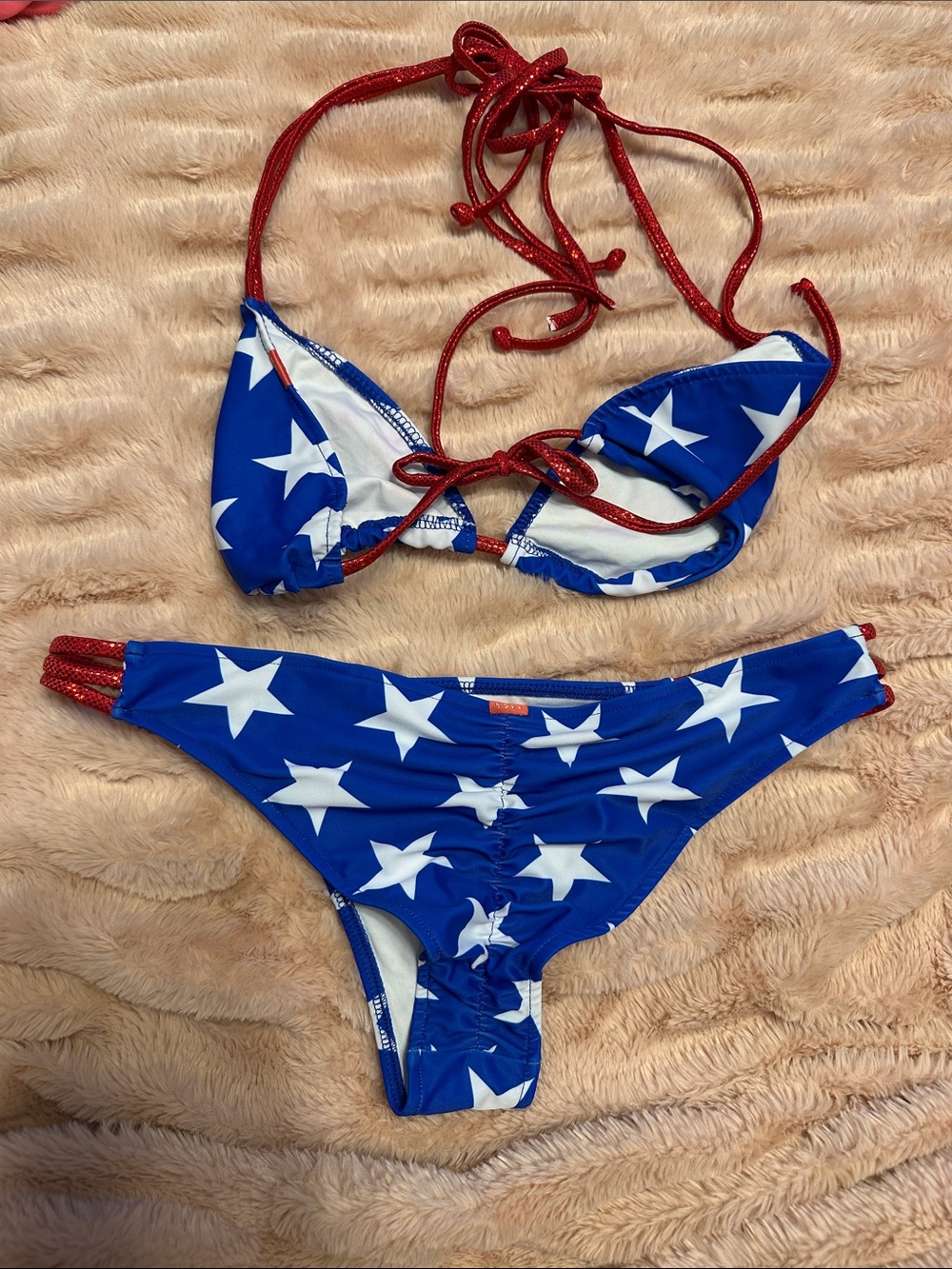 Blue Star Print Triangle Bikini with Red Straps - Picture 4 of 10
